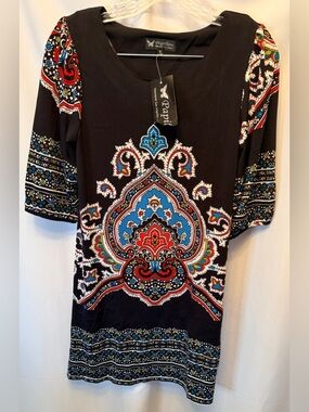 NWT Papillon Women’s Medium Boho Print Dress Black Jersey Sheath Stretch Lined
